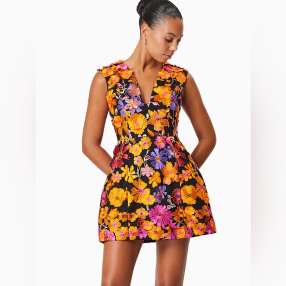 Elliatt Black Floral Embroidered Midi Dress with Yellow & Pink Flowers